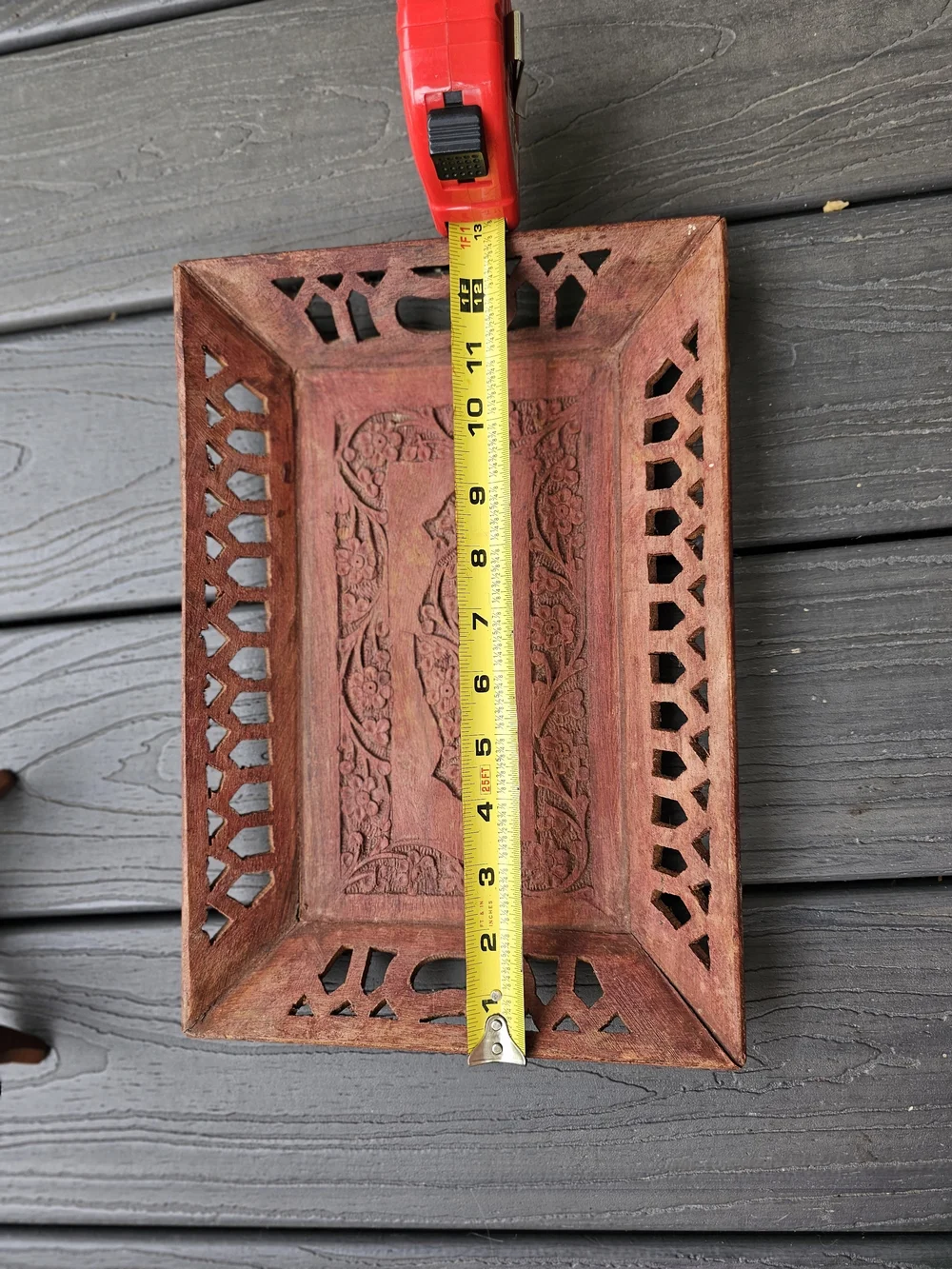 Vintage Hand Carved Wood Serving Tray India Boho Lattice Cutout Floral